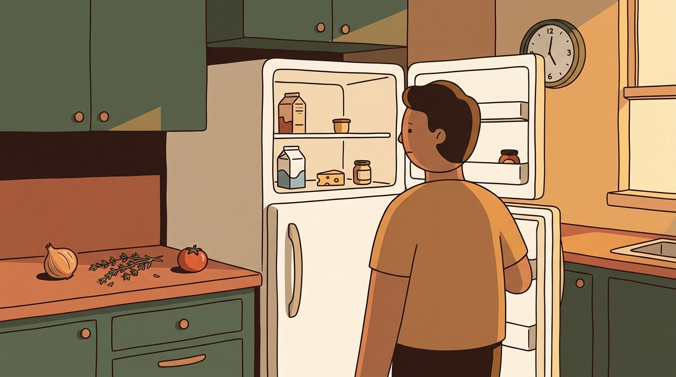 Een vermoeide ouder voor een open koelkast, niet wetend wat te koken