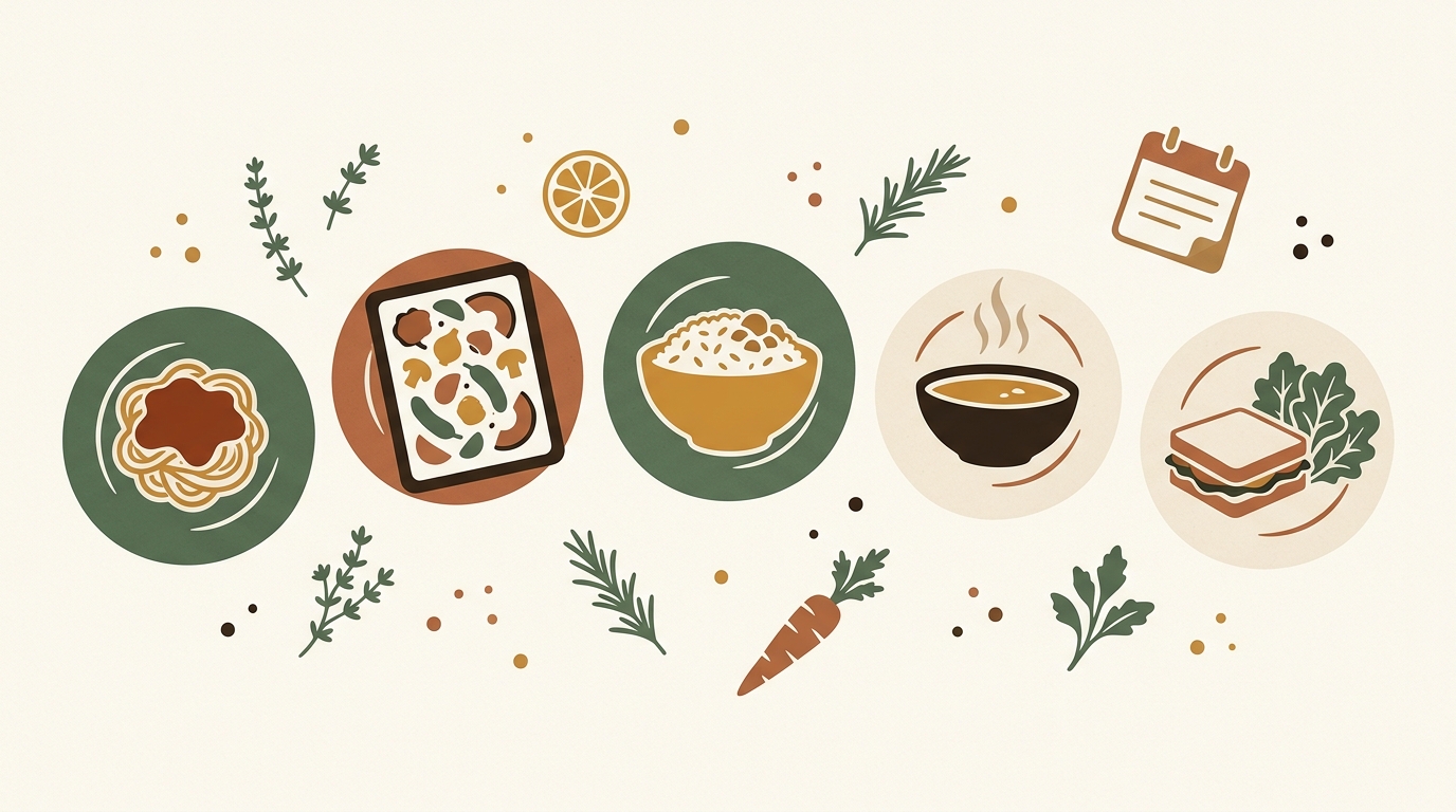 A family kitchen with a simple weekly meal plan on the fridge