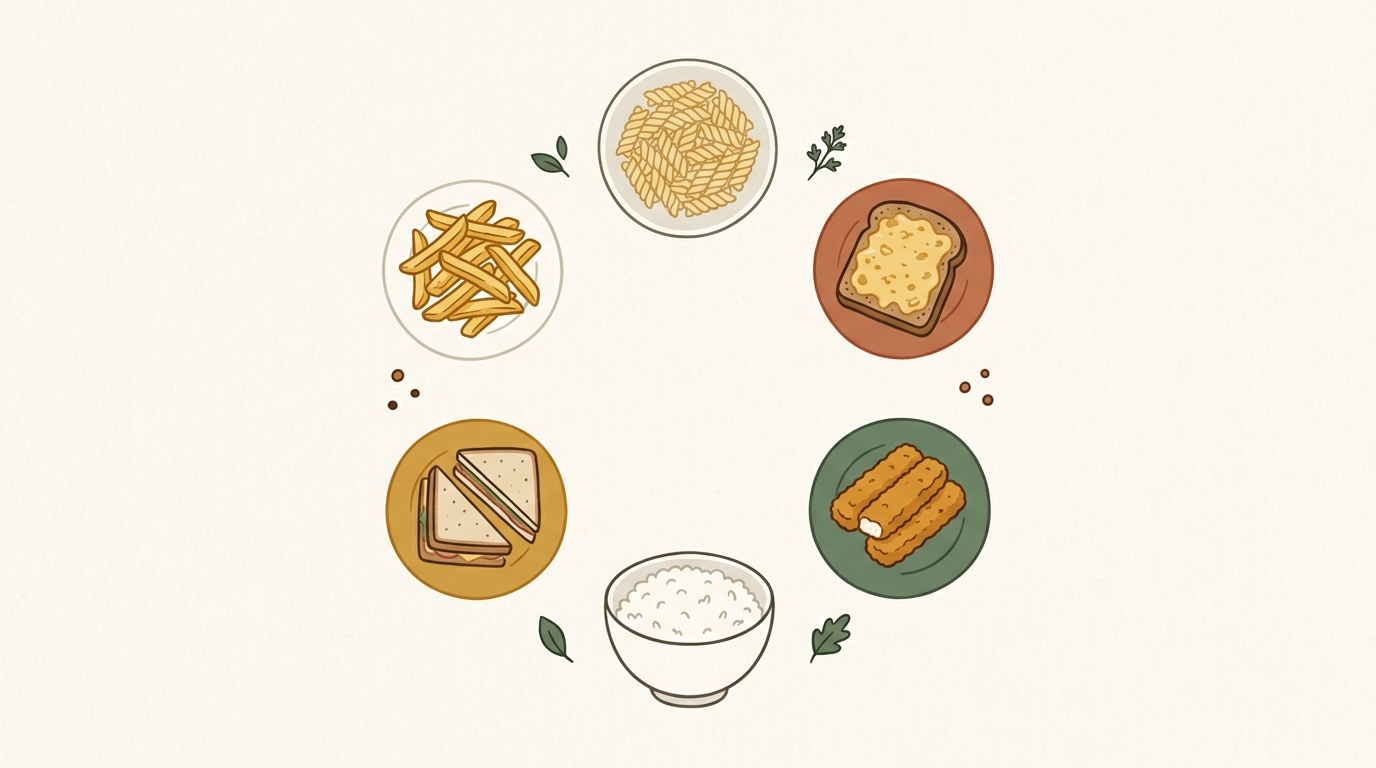 Een kind aan de eettafel dat een bord wegschuift, met een geduldig kijkende ouder