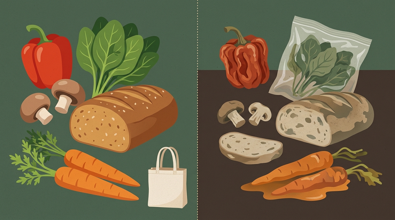 A fridge with wilting vegetables and expired food, illustrating household food waste