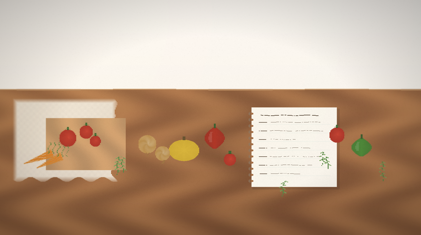 A warm kitchen counter with seasonal vegetables and a handwritten meal plan