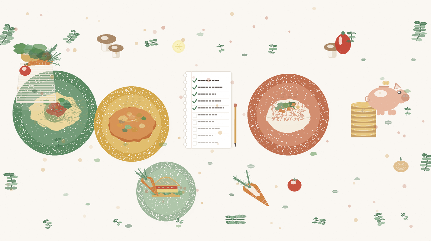 A family kitchen table with a weekly meal plan, calculator, and affordable fresh ingredients