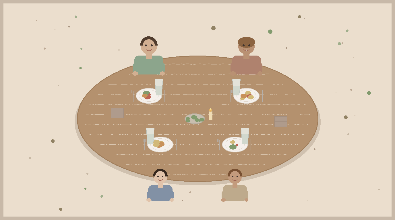 A family sitting together around a dinner table, sharing a simple meal and conversation
