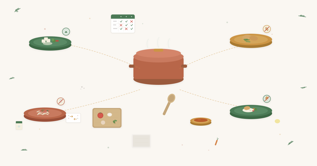A family kitchen counter with one base meal being divided into different variations for family members with different dietary needs
