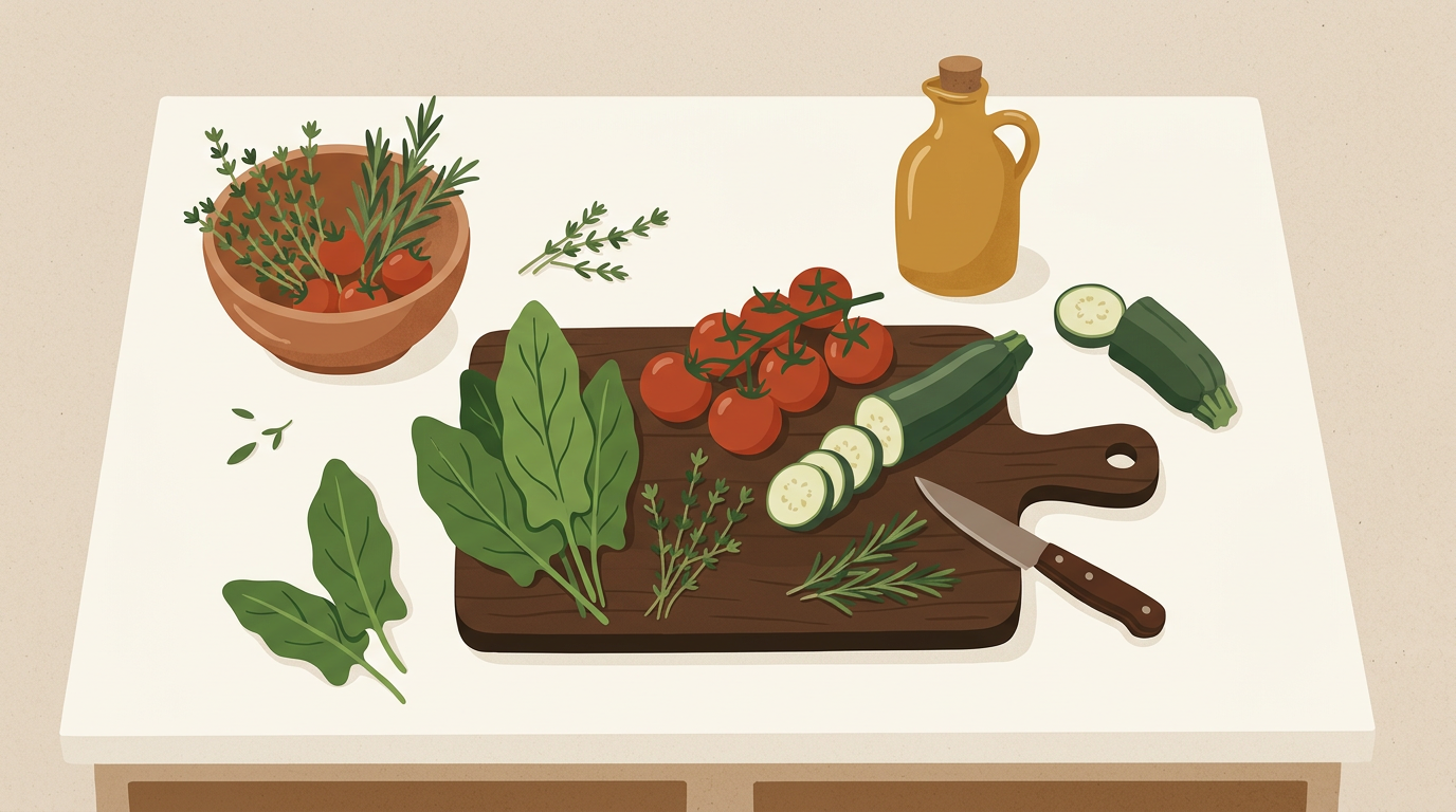A warm kitchen counter with fresh vegetables, herbs, and a cutting board